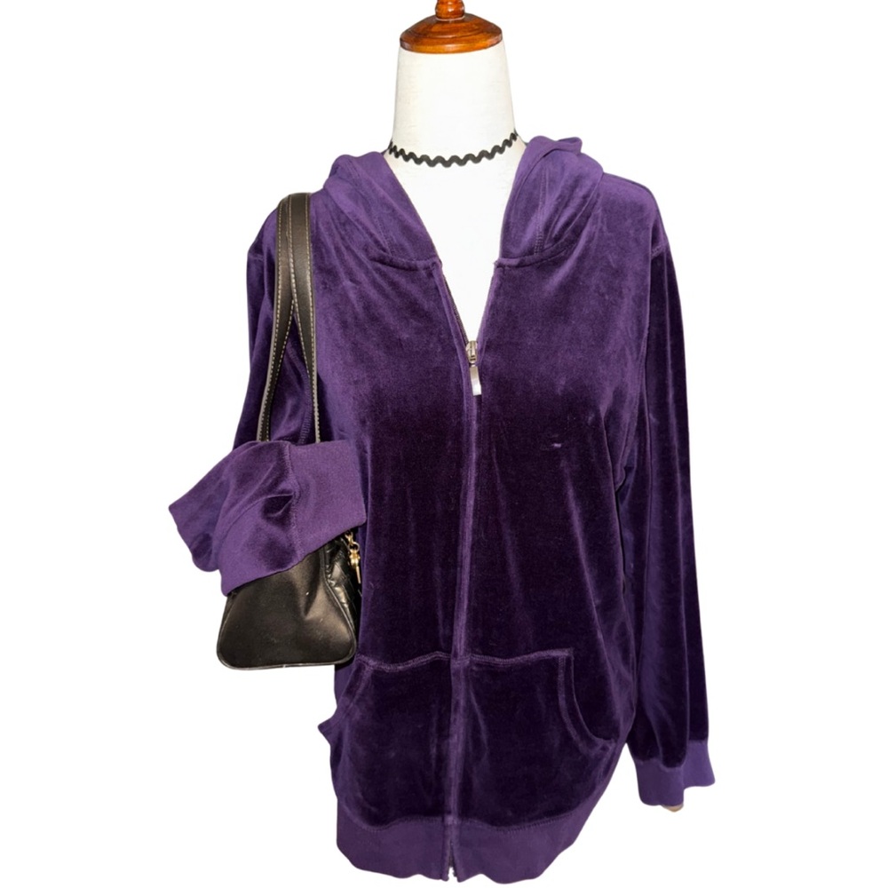 Purple Velour Zip Hoodie Large Y2K‎ Velour Hoodie Jacket 2000s Lounge Zip Up